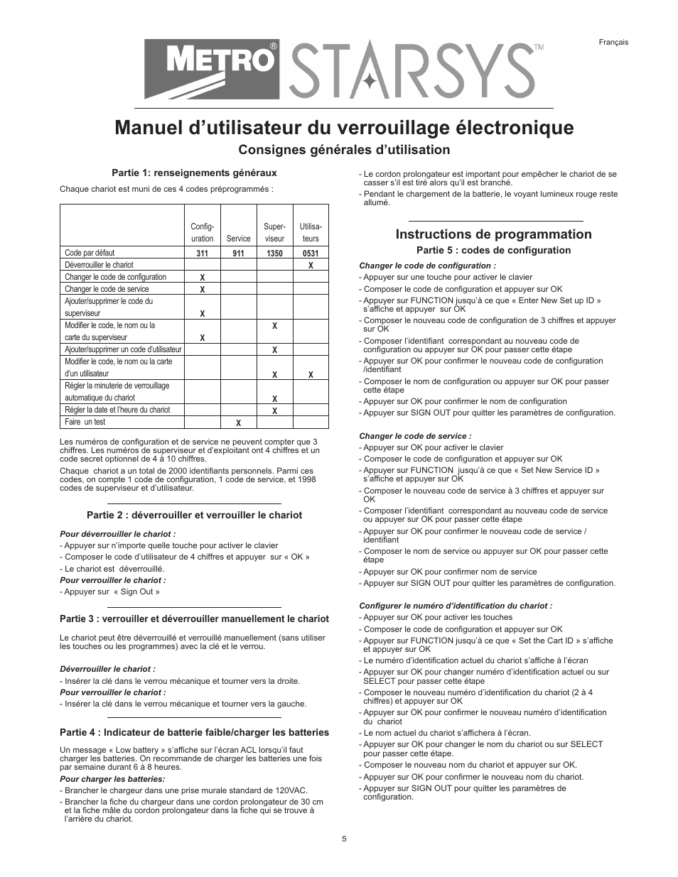 Manuel d’utilisateur du verrouillage électronique | Metro Starsys LA6 Full Feature Touchpad User Manual | Page 5 / 28