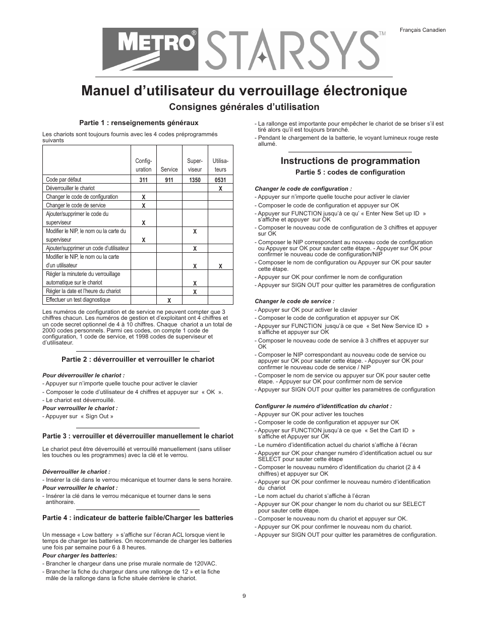 Manuel d’utilisateur du verrouillage électronique, Consignes générales d’utilisation, Instructions de programmation | Metro Starsys LA6 Full Feature Touchpad User Manual | Page 9 / 28