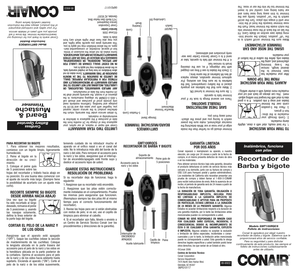 Beard & mustache, Recortador de barba y bigote | Conair GMT100RQCS User Manual | Page 2 / 2