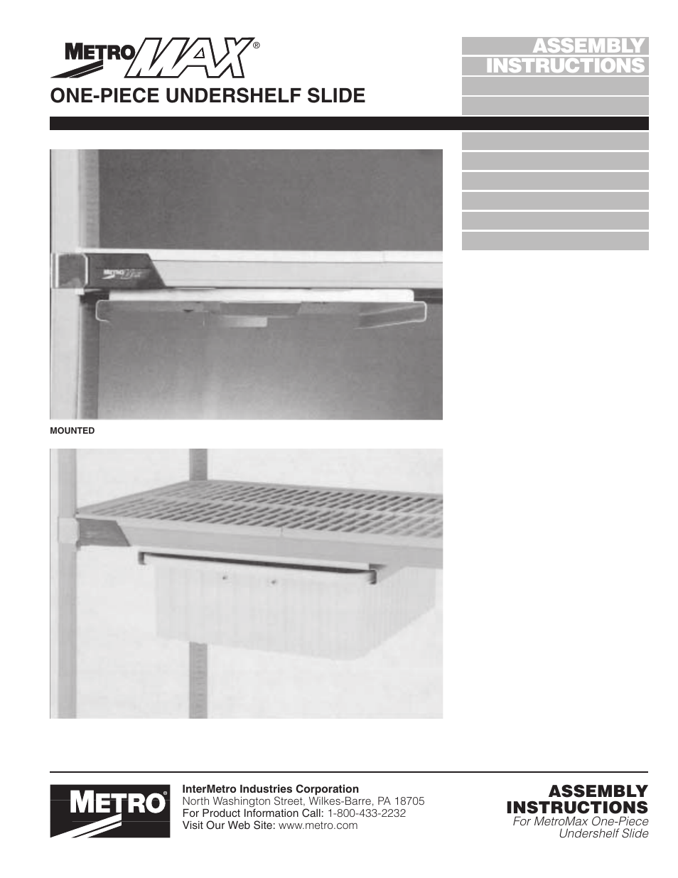 Metro MetroMax i One-Piece Undershelf Slide User Manual | 4 pages