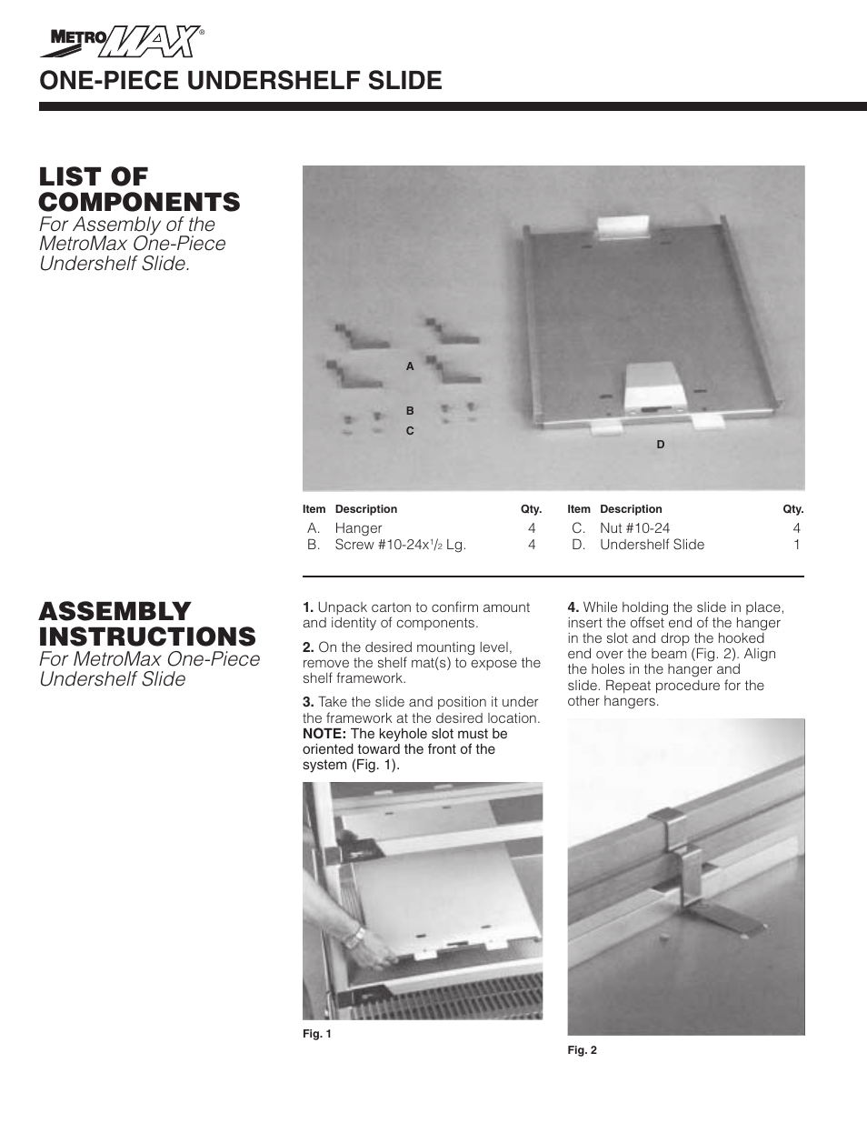 One-piece undershelf slide, List of components, Assembly instructions | For metromax one-piece undershelf slide | Metro MetroMax i One-Piece Undershelf Slide User Manual | Page 2 / 4
