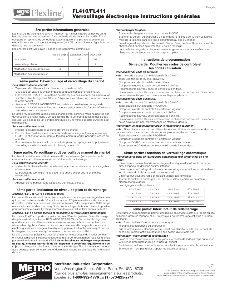 1ère partie: informations générales, 6ème partie: fonctions de verrouillage automatique, 7ème partie: interrupteur de redémarrage | Metro Flexline FL410-FL411 User Manual | Page 2 / 6