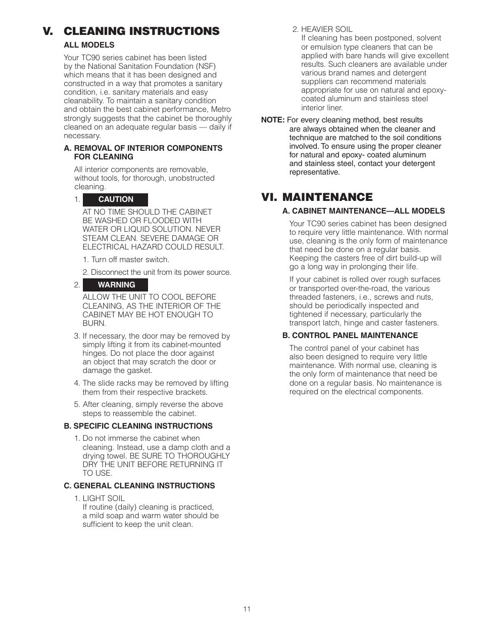 V. cleaning instructions, Vi. maintenance | Metro TC90S/B Insulated Cabinet User Manual | Page 12 / 18