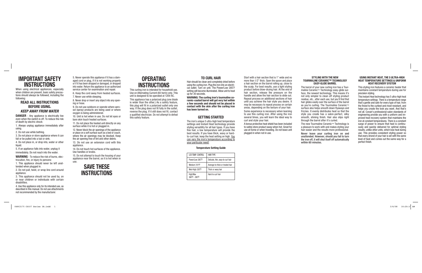 Conair Ceramic CD106 User Manual | 2 pages