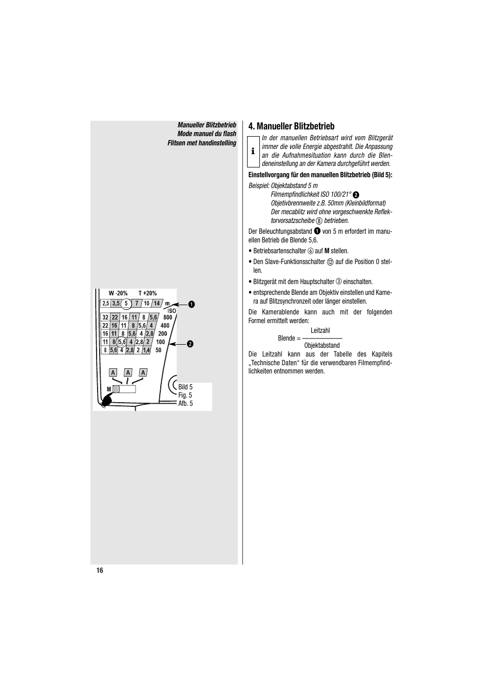 Manueller blitzbetrieb | Metz MECABLITZ 34 CS-2 digital User Manual | Page 16 / 80