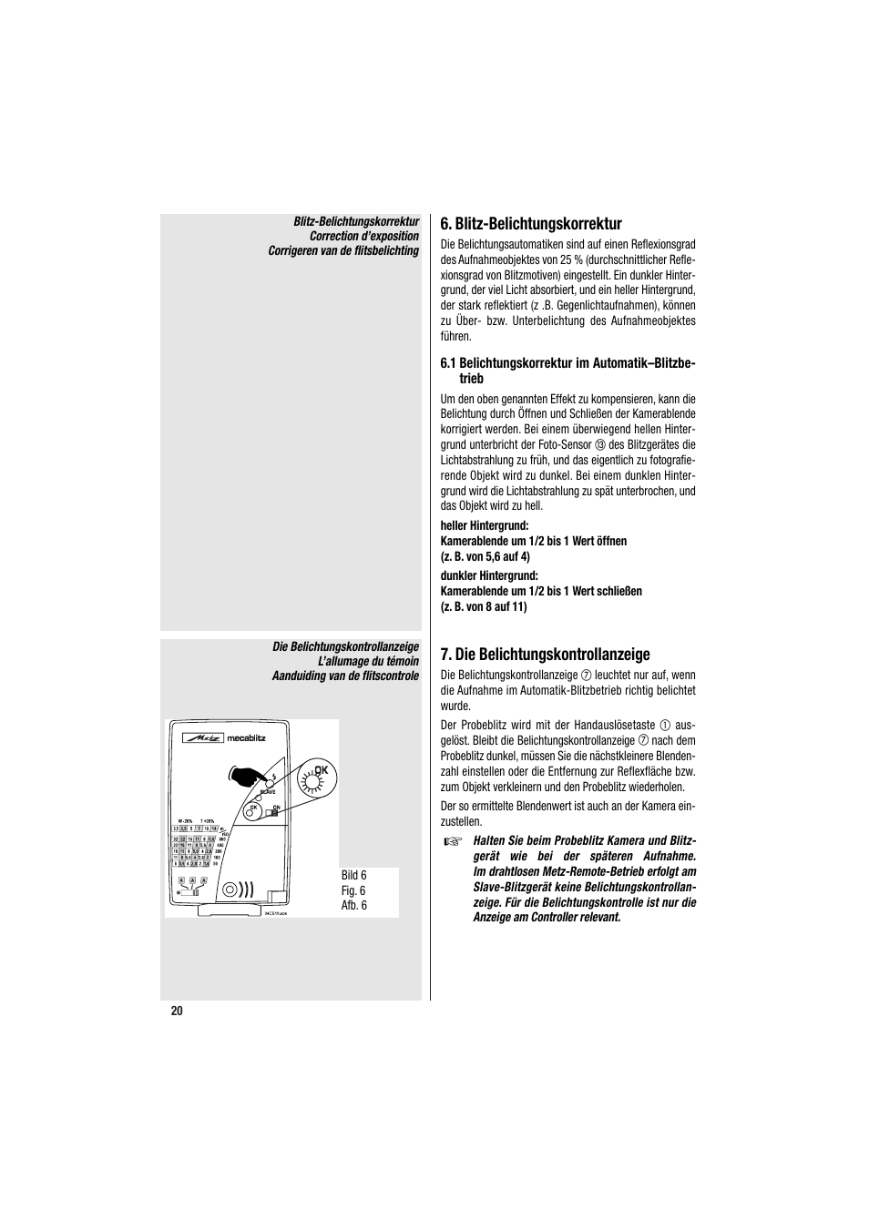 Blitz-belichtungskorrektur, Die belichtungskontrollanzeige | Metz MECABLITZ 34 CS-2 digital User Manual | Page 20 / 80