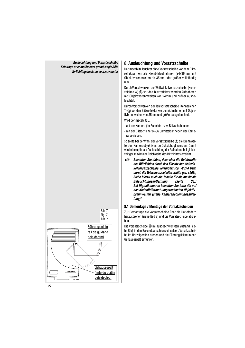 Ausleuchtung und vorsatzscheibe | Metz MECABLITZ 34 CS-2 digital User Manual | Page 22 / 80