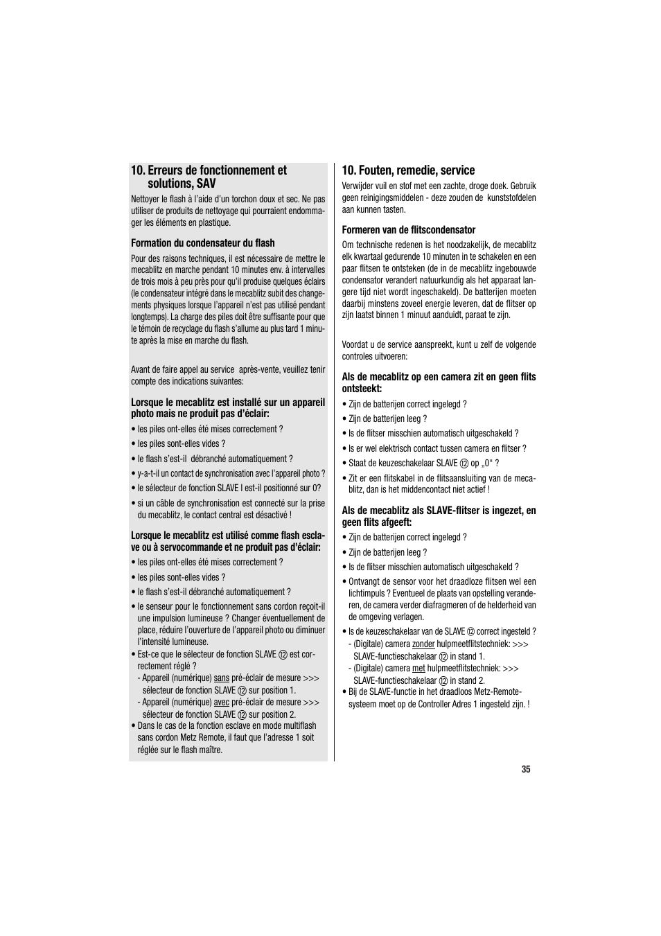 Erreurs de fonctionnement et solutions, sav, Fouten, remedie, service | Metz MECABLITZ 34 CS-2 digital User Manual | Page 35 / 80