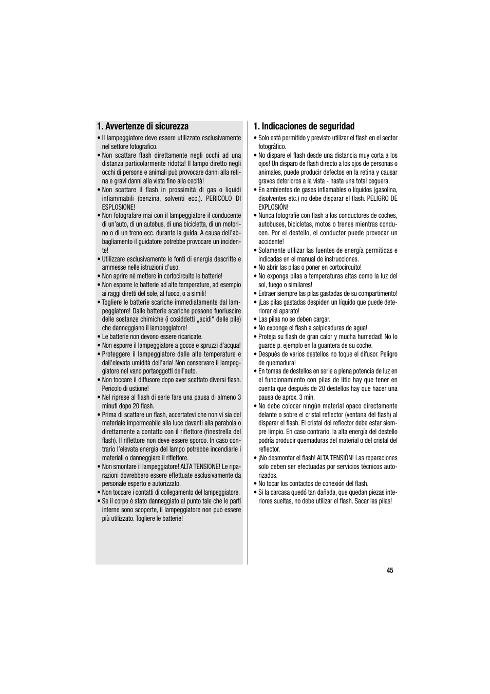 Avvertenze di sicurezza, Indicaciones de seguridad | Metz MECABLITZ 34 CS-2 digital User Manual | Page 45 / 80