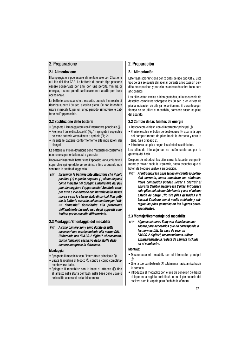 Preparazione, Preparación | Metz MECABLITZ 34 CS-2 digital User Manual | Page 47 / 80