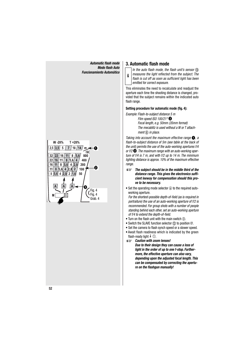 Automatic flash mode | Metz MECABLITZ 34 CS-2 digital User Manual | Page 52 / 80
