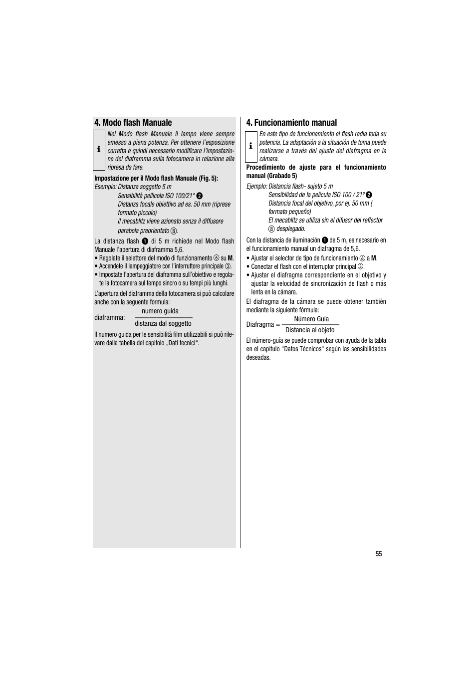 Modo flash manuale, Funcionamiento manual | Metz MECABLITZ 34 CS-2 digital User Manual | Page 55 / 80