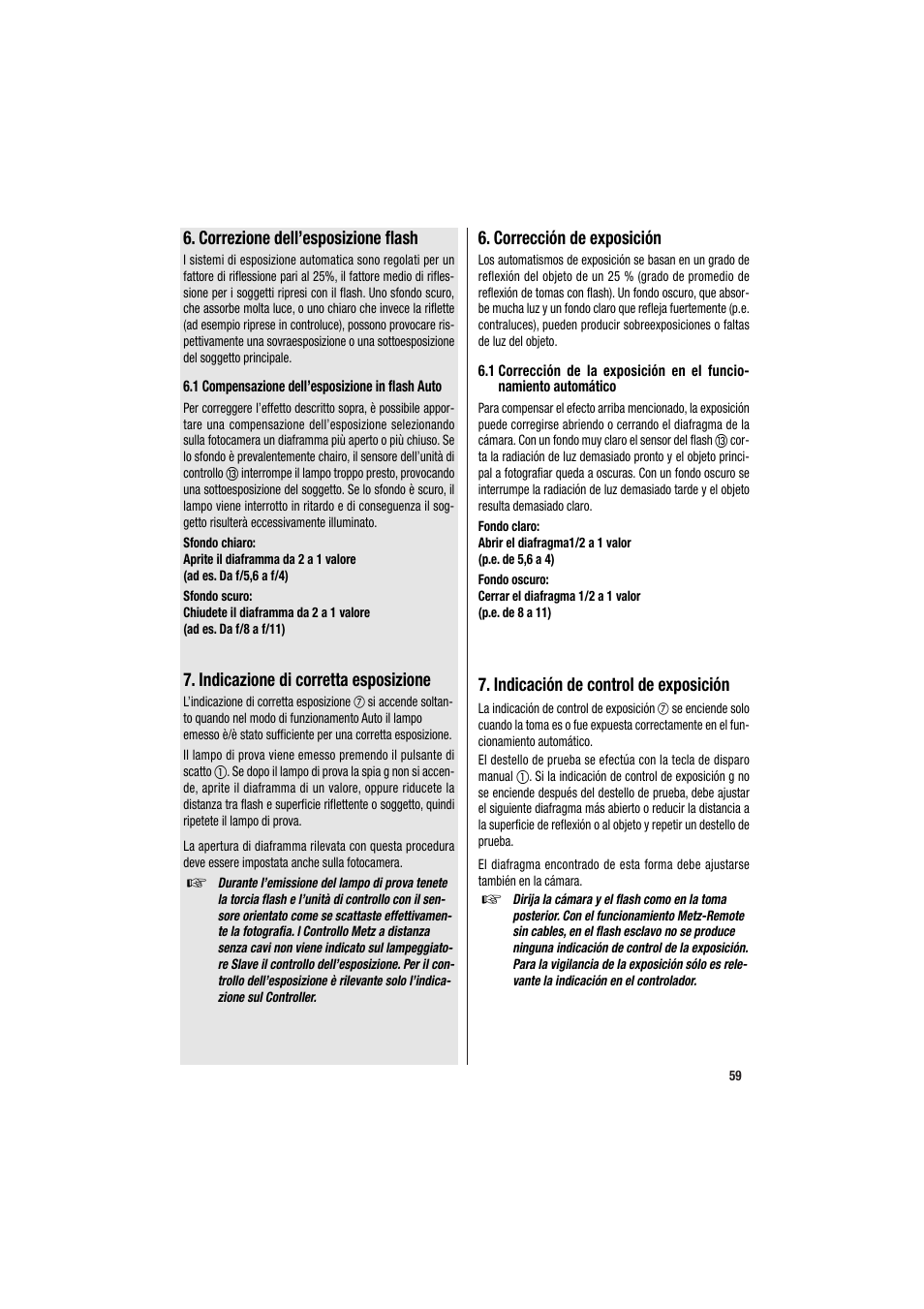 Correzione dell’esposizione flash, Indicazione di corretta esposizione, Corrección de exposición | Indicación de control de exposición | Metz MECABLITZ 34 CS-2 digital User Manual | Page 59 / 80