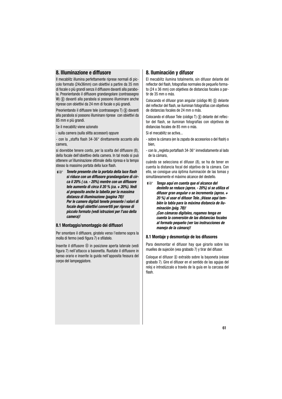 Illuminazione e diffusore, Iluminación y difusor | Metz MECABLITZ 34 CS-2 digital User Manual | Page 61 / 80