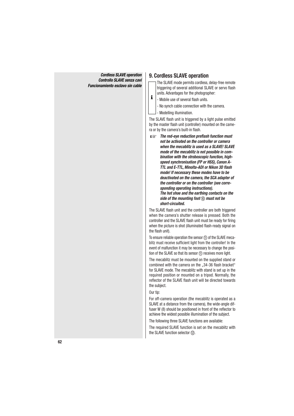 Cordless slave operation | Metz MECABLITZ 34 CS-2 digital User Manual | Page 62 / 80