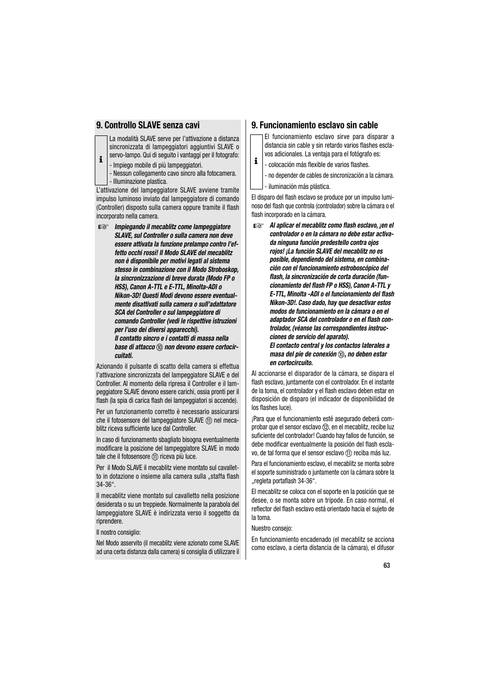 Controllo slave senza cavi, Funcionamiento esclavo sin cable | Metz MECABLITZ 34 CS-2 digital User Manual | Page 63 / 80