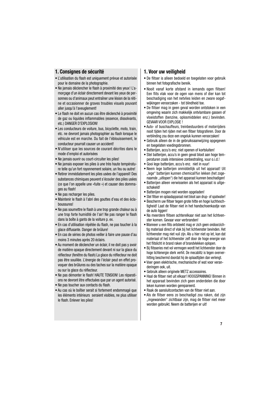 Consignes de sécurité, Voor uw veiligheid | Metz MECABLITZ 34 CS-2 digital User Manual | Page 7 / 80