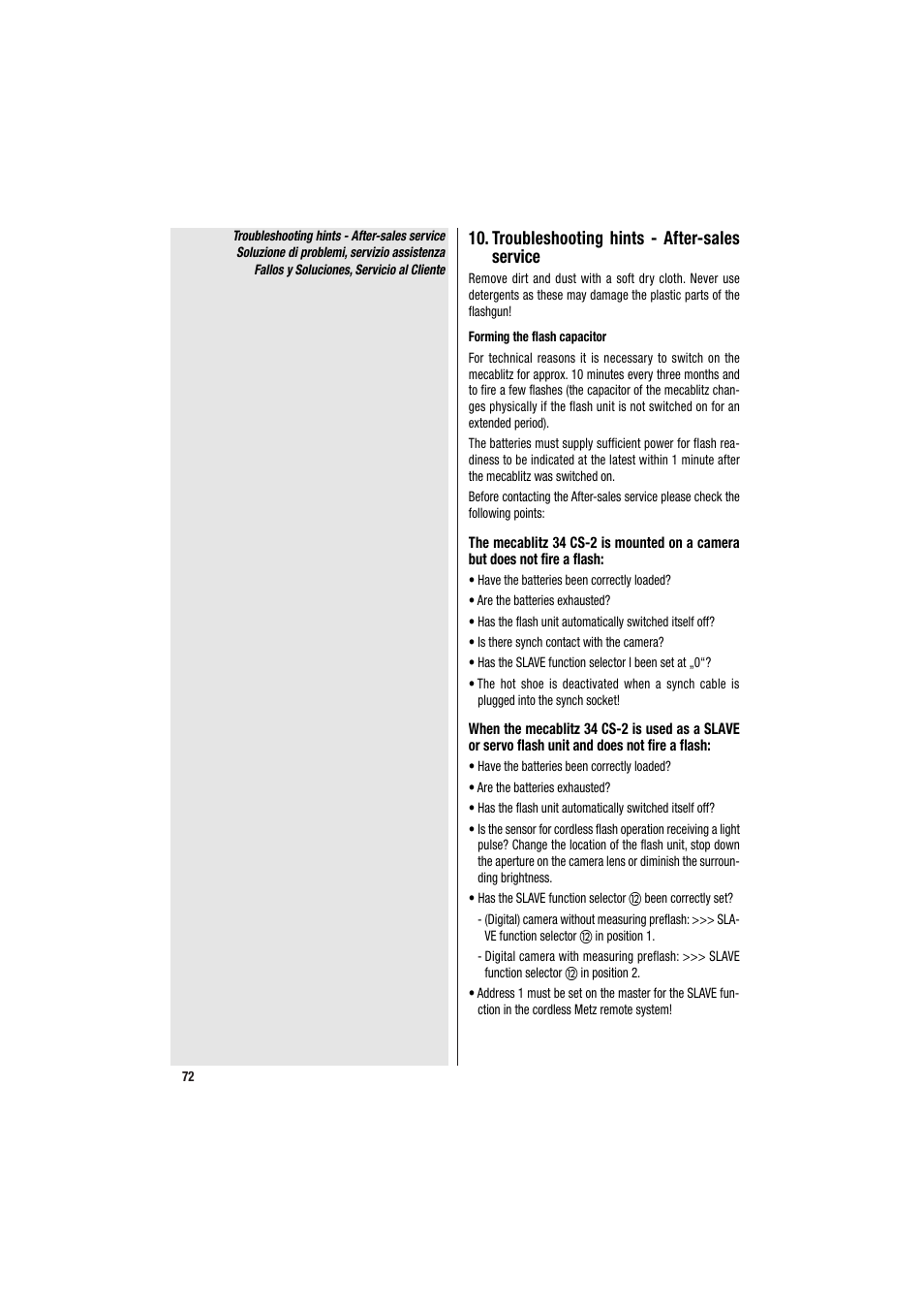 Troubleshooting hints - after-sales service | Metz MECABLITZ 34 CS-2 digital User Manual | Page 72 / 80