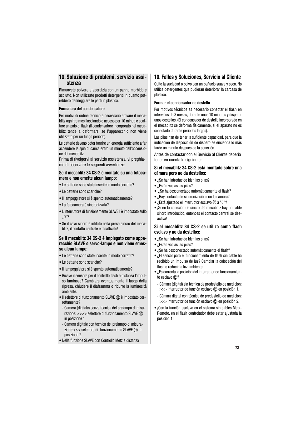 Soluzione di problemi, servizio assi- stenza, Fallos y soluciones, servicio al cliente | Metz MECABLITZ 34 CS-2 digital User Manual | Page 73 / 80