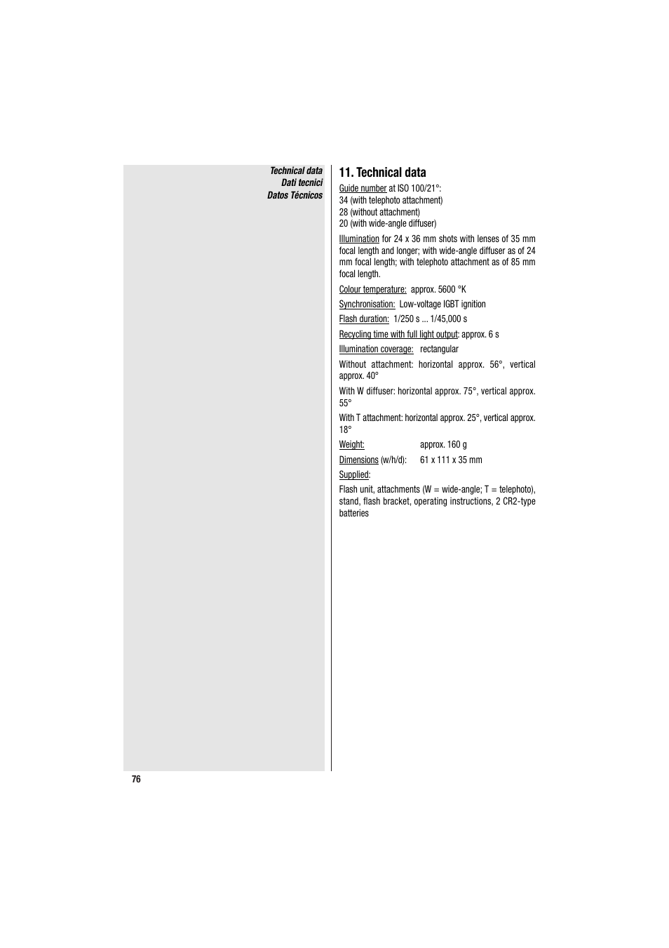 Technical data | Metz MECABLITZ 34 CS-2 digital User Manual | Page 76 / 80