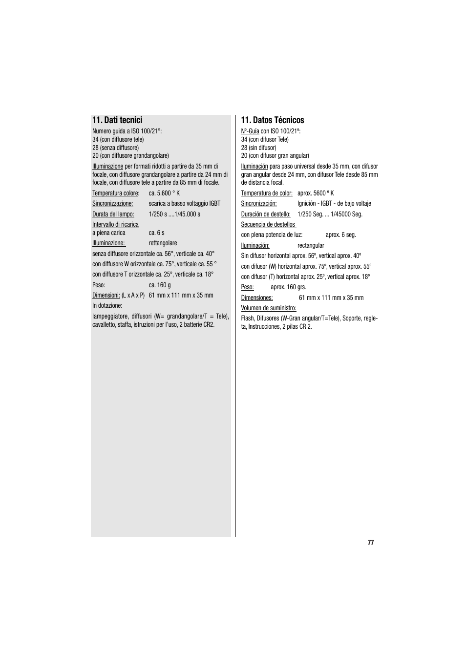 Dati tecnici, Datos técnicos | Metz MECABLITZ 34 CS-2 digital User Manual | Page 77 / 80