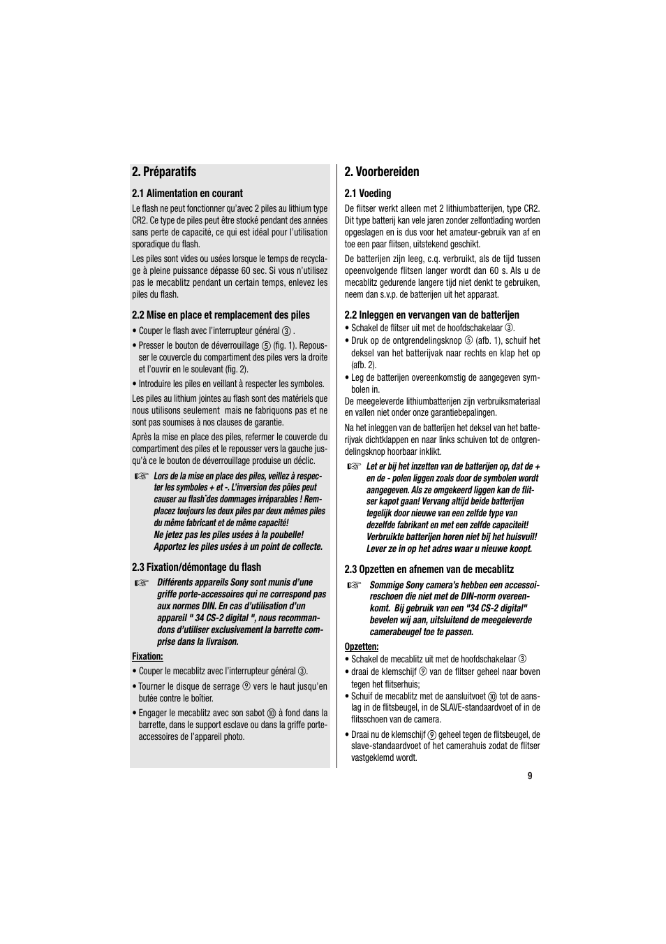 Préparatifs, Voorbereiden | Metz MECABLITZ 34 CS-2 digital User Manual | Page 9 / 80
