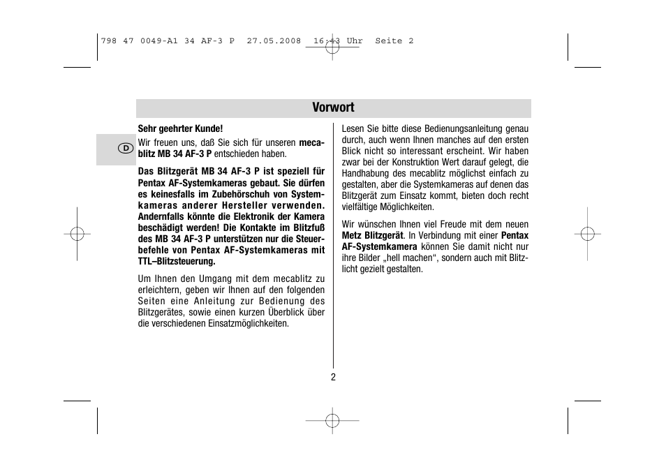 Metz MECABLITZ 34 AF-3 Pentax User Manual | Page 2 / 108