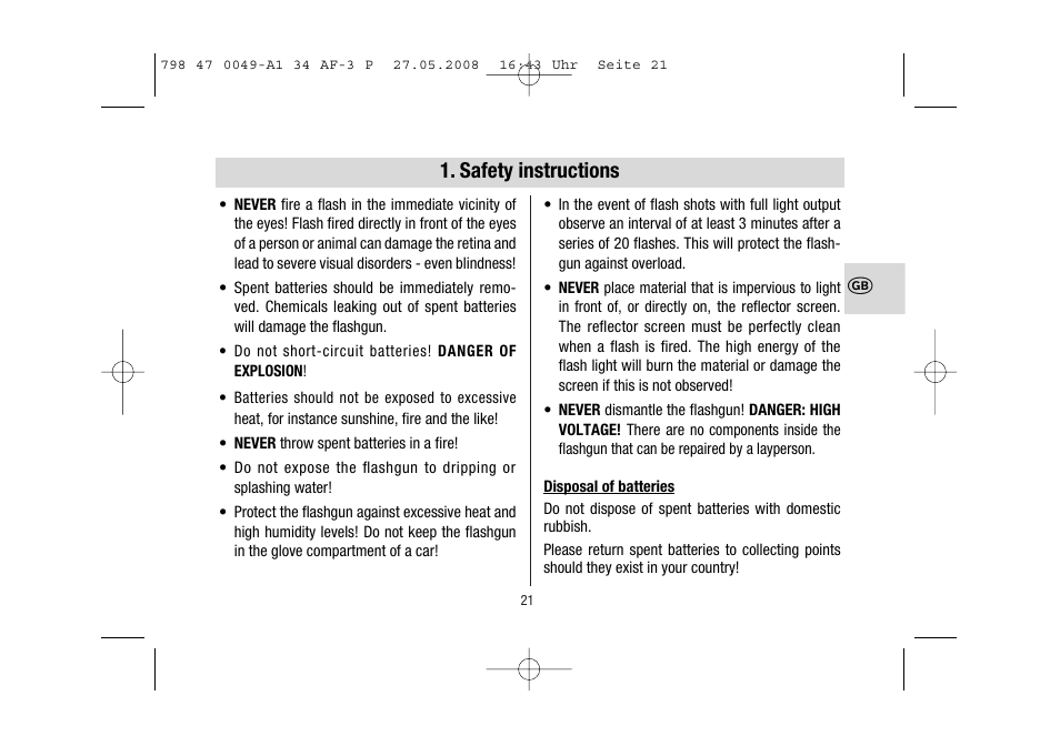 Safety instructions | Metz MECABLITZ 34 AF-3 Pentax User Manual | Page 21 / 108