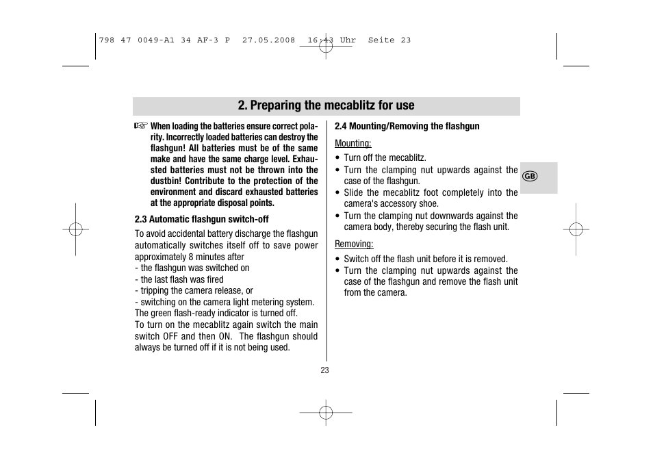 Preparing the mecablitz for use | Metz MECABLITZ 34 AF-3 Pentax User Manual | Page 23 / 108