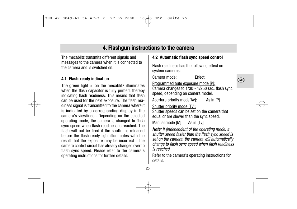 Flashgun instructions to the camera | Metz MECABLITZ 34 AF-3 Pentax User Manual | Page 25 / 108