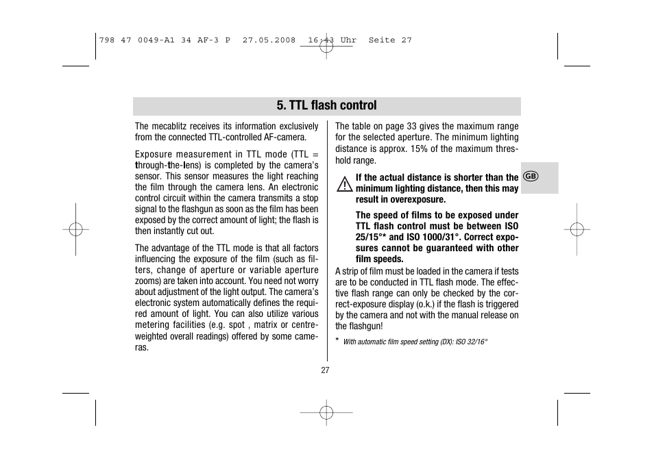 Ttl flash control | Metz MECABLITZ 34 AF-3 Pentax User Manual | Page 27 / 108