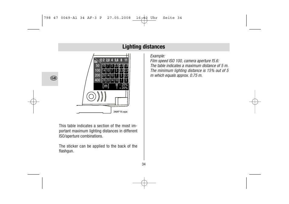 Lighting distances | Metz MECABLITZ 34 AF-3 Pentax User Manual | Page 34 / 108