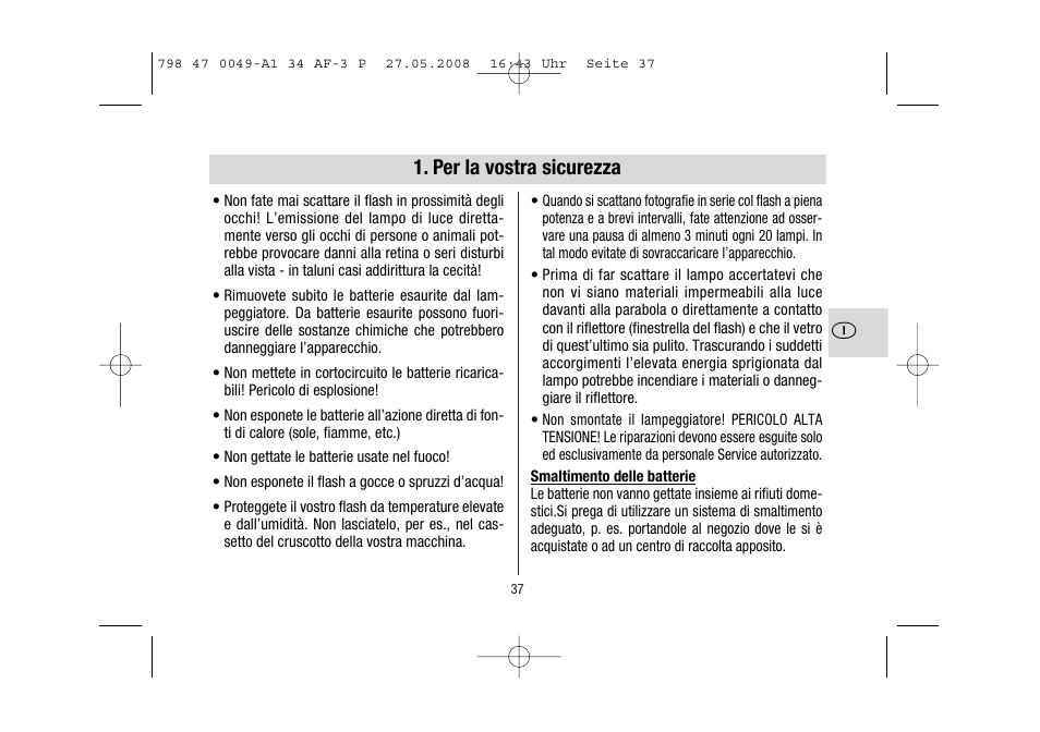 Per la vostra sicurezza | Metz MECABLITZ 34 AF-3 Pentax User Manual | Page 37 / 108