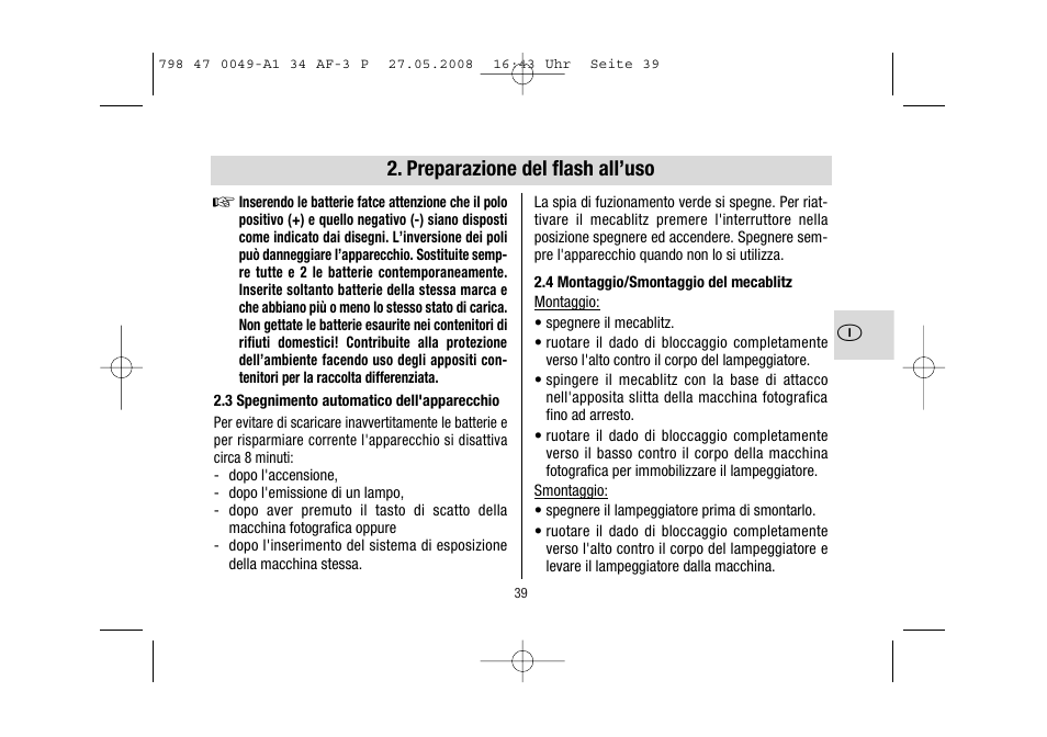Preparazione del flash all’uso | Metz MECABLITZ 34 AF-3 Pentax User Manual | Page 39 / 108