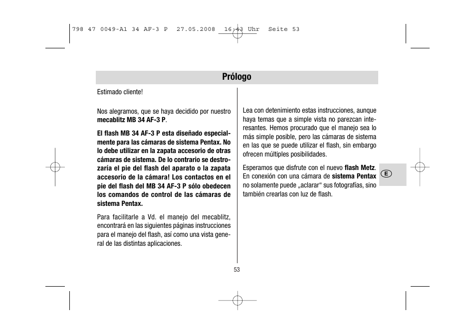 Prólogo | Metz MECABLITZ 34 AF-3 Pentax User Manual | Page 53 / 108