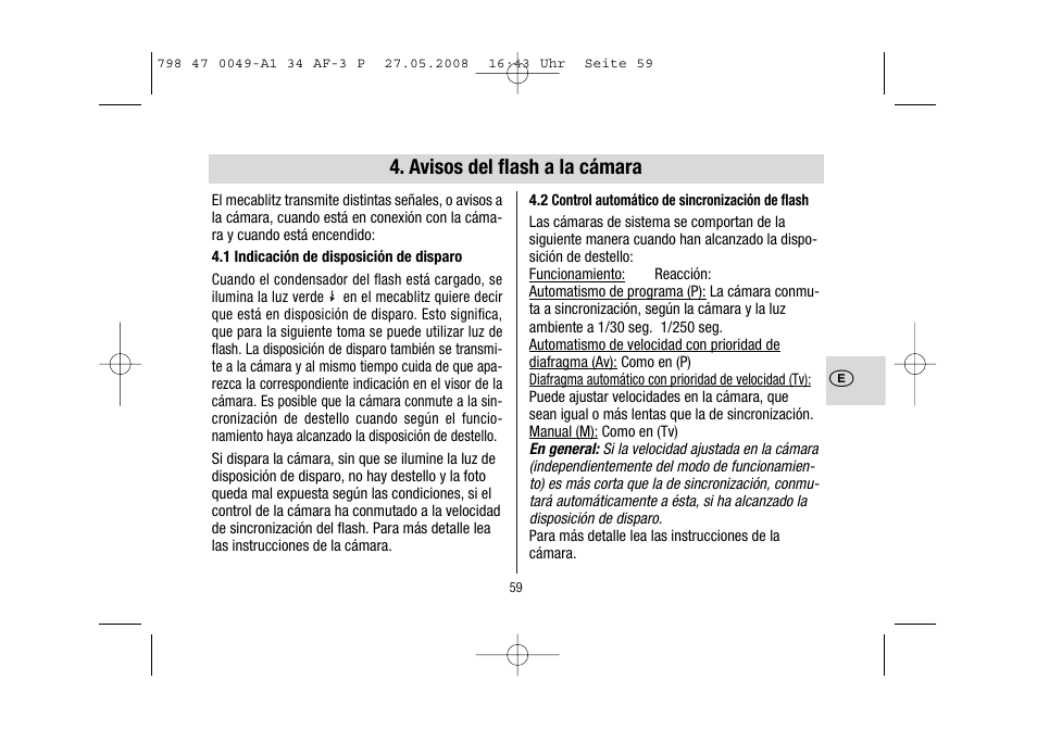 Avisos del flash a la cámara | Metz MECABLITZ 34 AF-3 Pentax User Manual | Page 59 / 108
