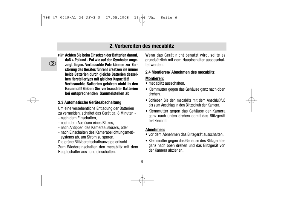 Vorbereiten des mecablitz | Metz MECABLITZ 34 AF-3 Pentax User Manual | Page 6 / 108