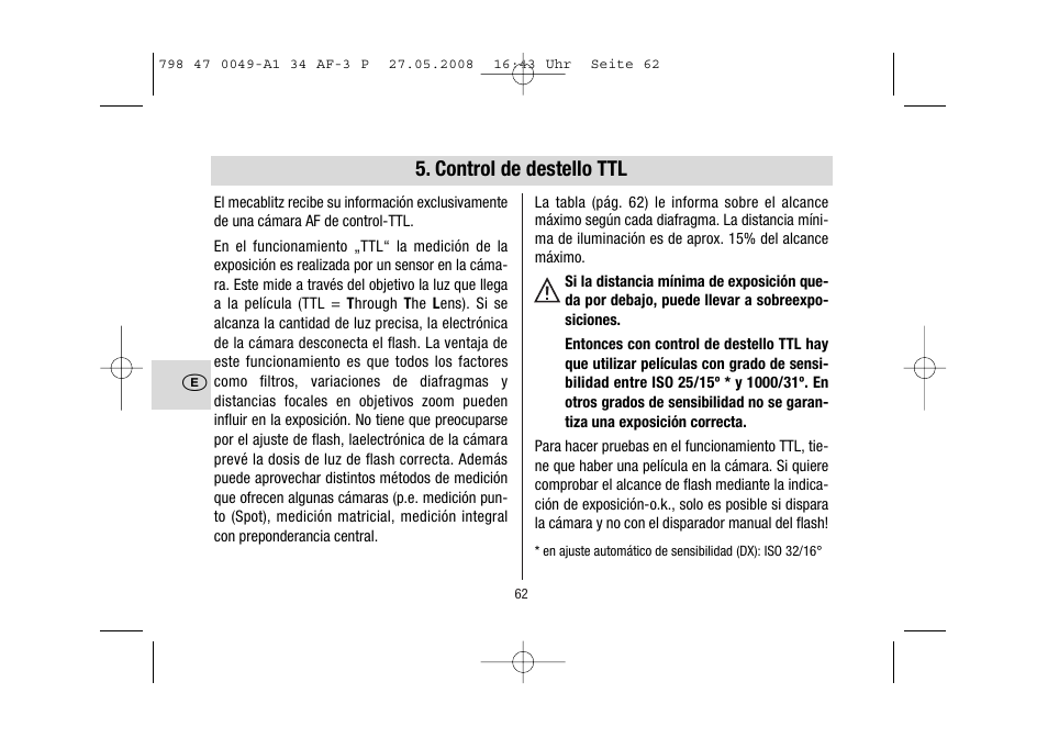 Control de destello ttl | Metz MECABLITZ 34 AF-3 Pentax User Manual | Page 62 / 108