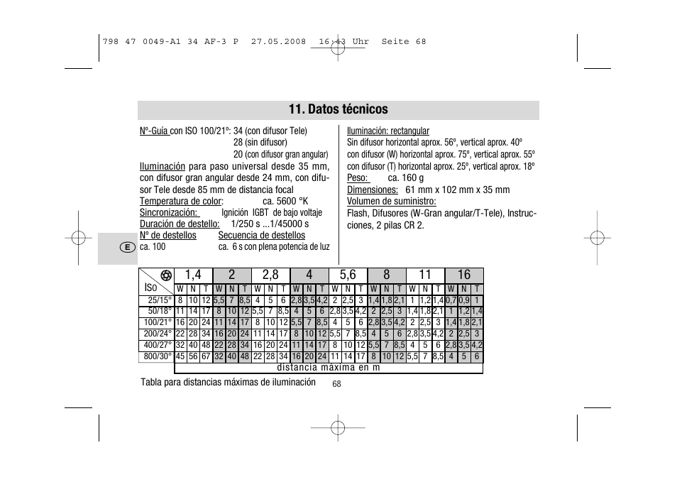 Datos técnicos | Metz MECABLITZ 34 AF-3 Pentax User Manual | Page 68 / 108