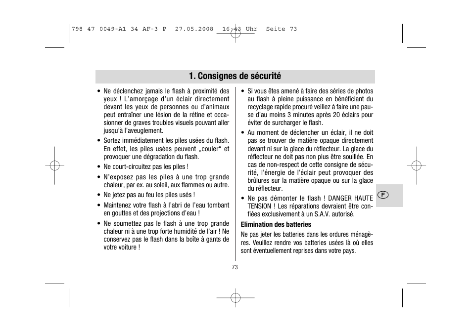 Consignes de sécurité | Metz MECABLITZ 34 AF-3 Pentax User Manual | Page 73 / 108