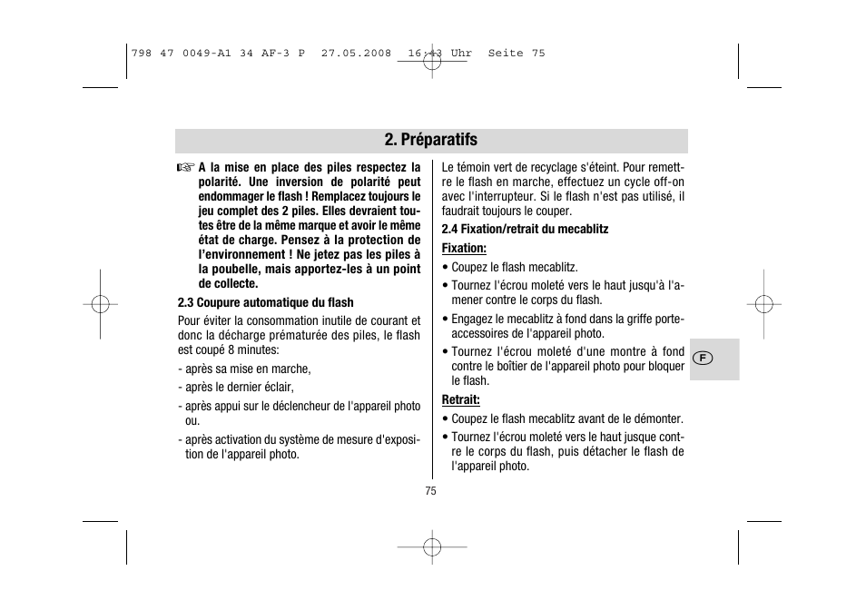 Préparatifs | Metz MECABLITZ 34 AF-3 Pentax User Manual | Page 75 / 108