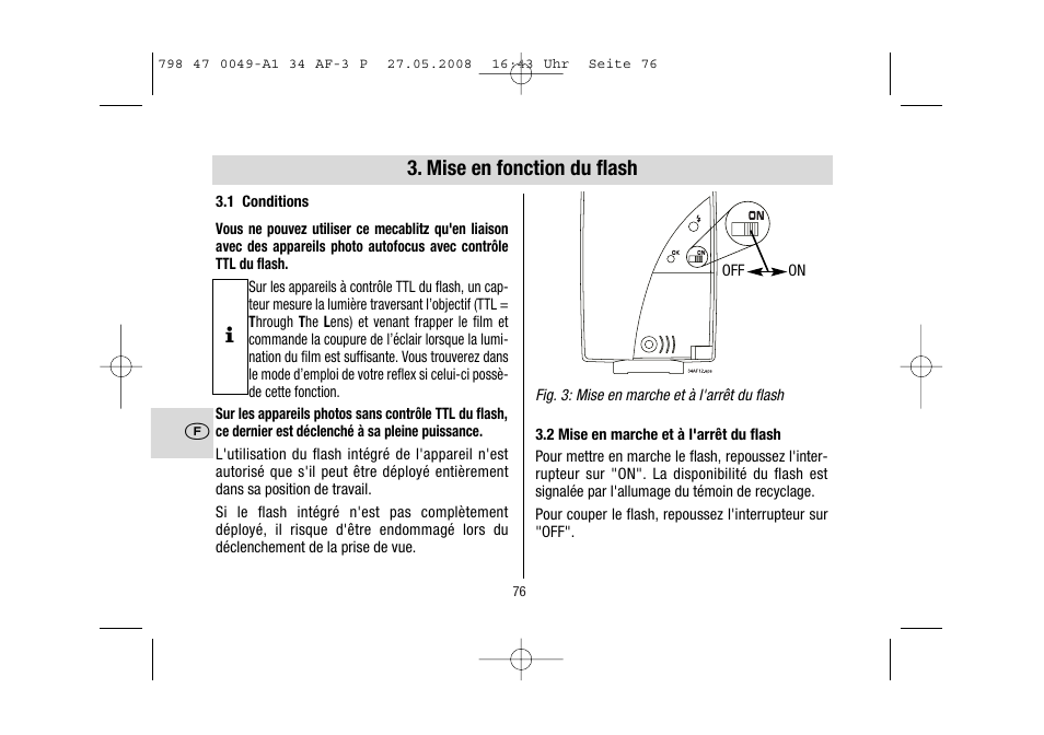 Mise en fonction du flash | Metz MECABLITZ 34 AF-3 Pentax User Manual | Page 76 / 108