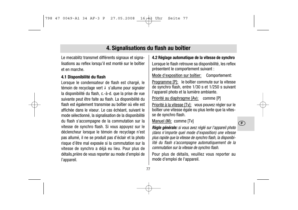 Signalisations du flash au boîtier | Metz MECABLITZ 34 AF-3 Pentax User Manual | Page 77 / 108