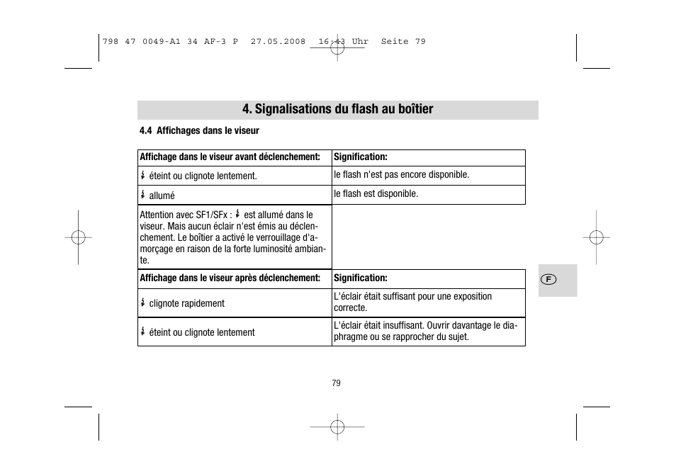 Signalisations du flash au boîtier | Metz MECABLITZ 34 AF-3 Pentax User Manual | Page 79 / 108