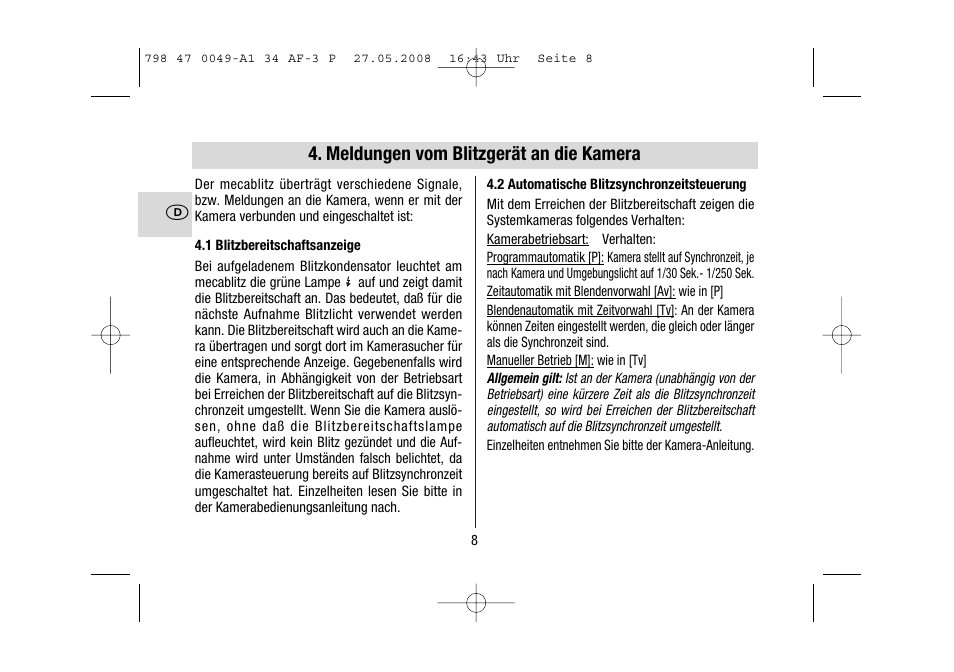 Meldungen vom blitzgerät an die kamera | Metz MECABLITZ 34 AF-3 Pentax User Manual | Page 8 / 108