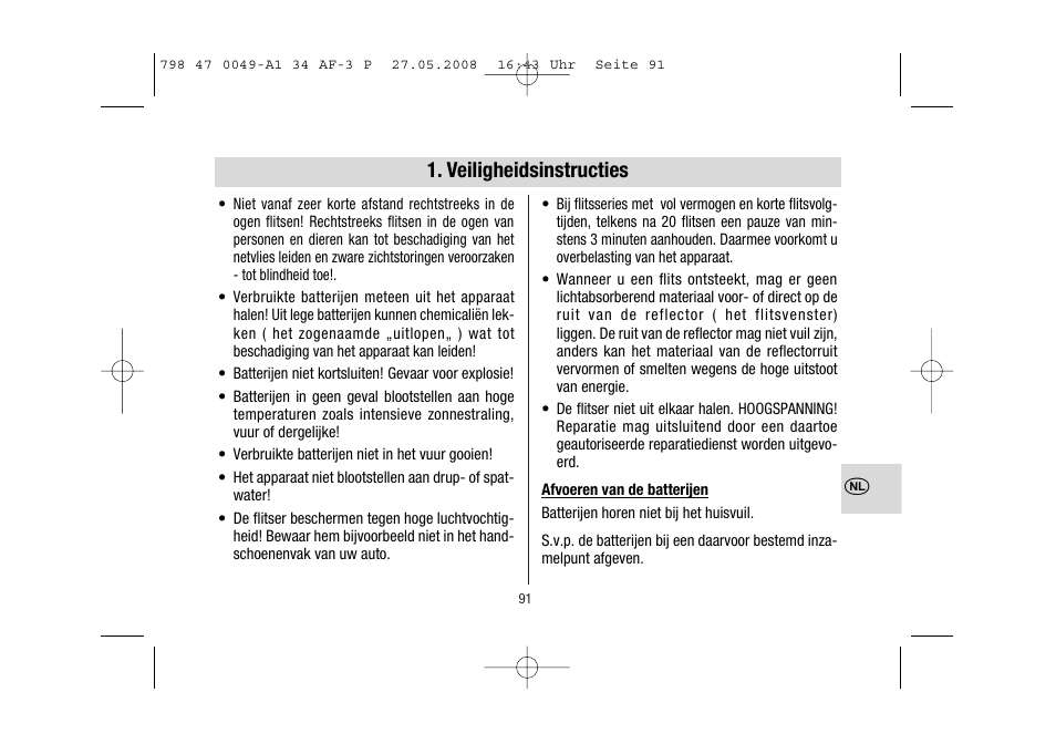 Veiligheidsinstructies | Metz MECABLITZ 34 AF-3 Pentax User Manual | Page 91 / 108