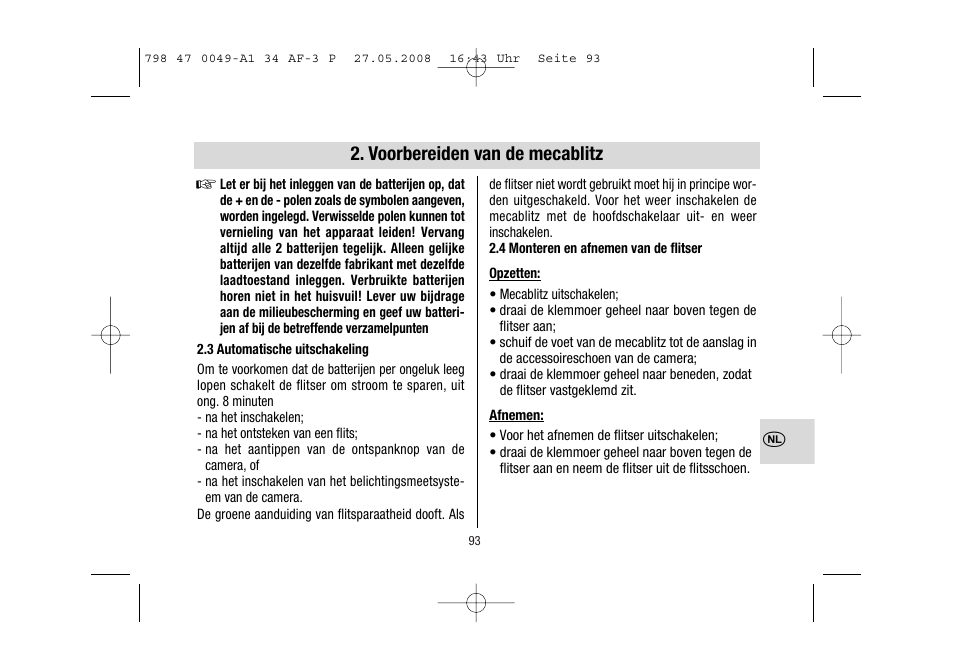 Voorbereiden van de mecablitz | Metz MECABLITZ 34 AF-3 Pentax User Manual | Page 93 / 108