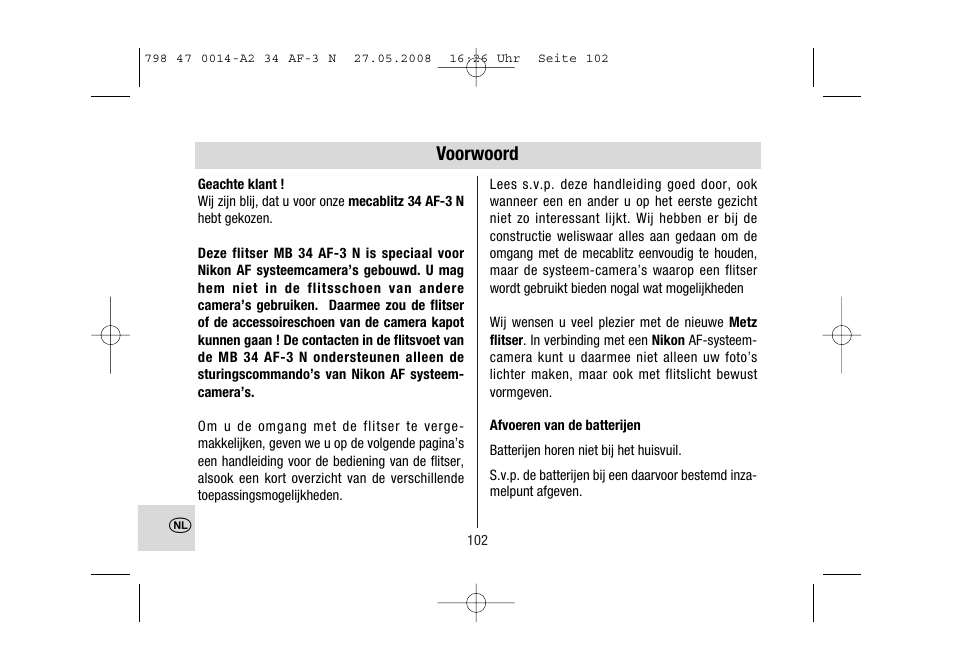 Voorwoord | Metz MECABLITZ 34 AF-3 Nikon User Manual | Page 102 / 128