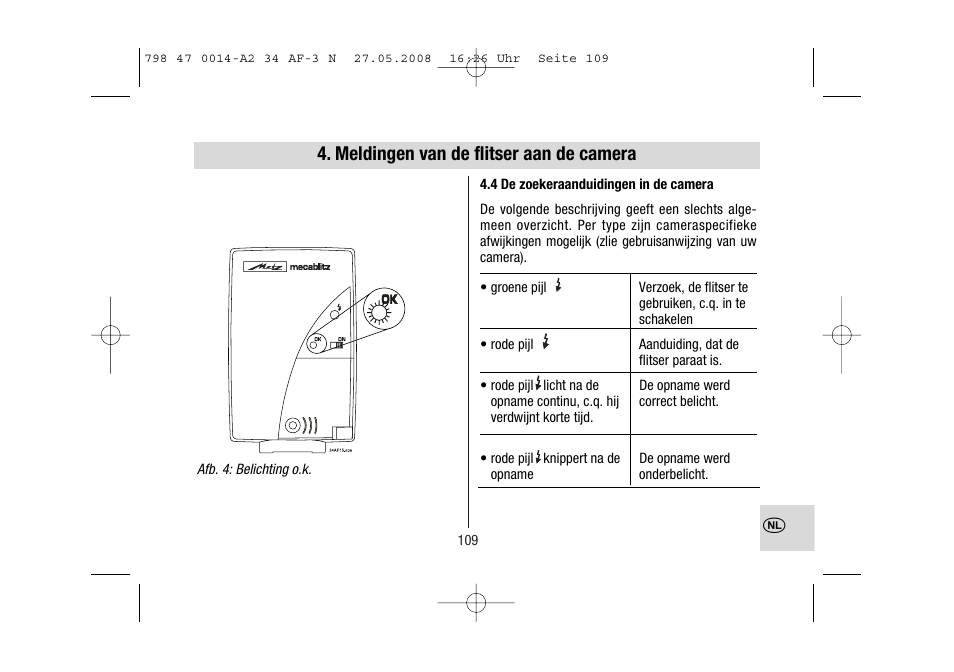 Meldingen van de flitser aan de camera | Metz MECABLITZ 34 AF-3 Nikon User Manual | Page 109 / 128