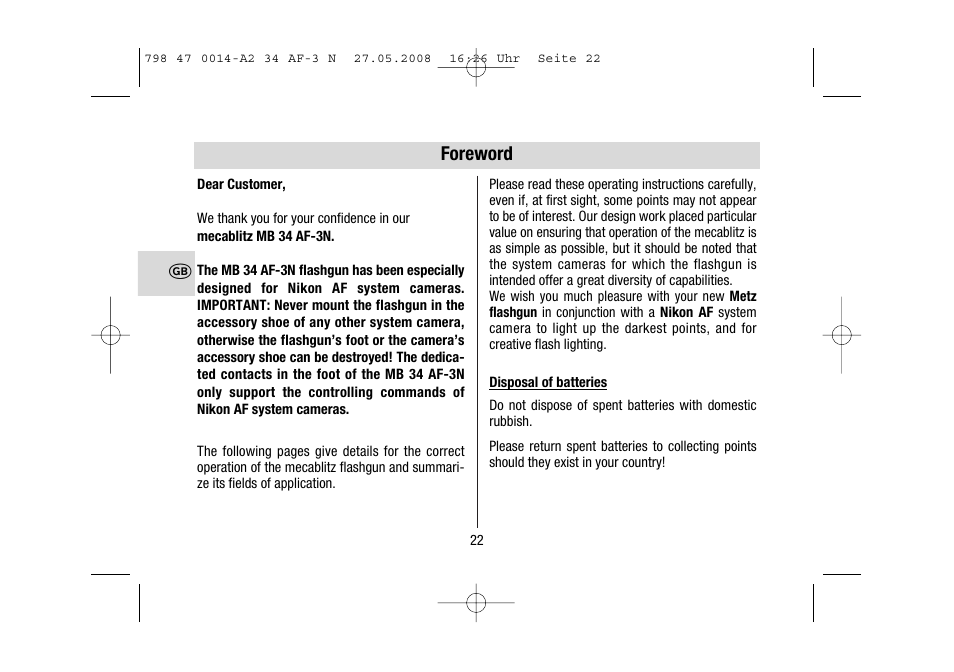 Foreword | Metz MECABLITZ 34 AF-3 Nikon User Manual | Page 22 / 128